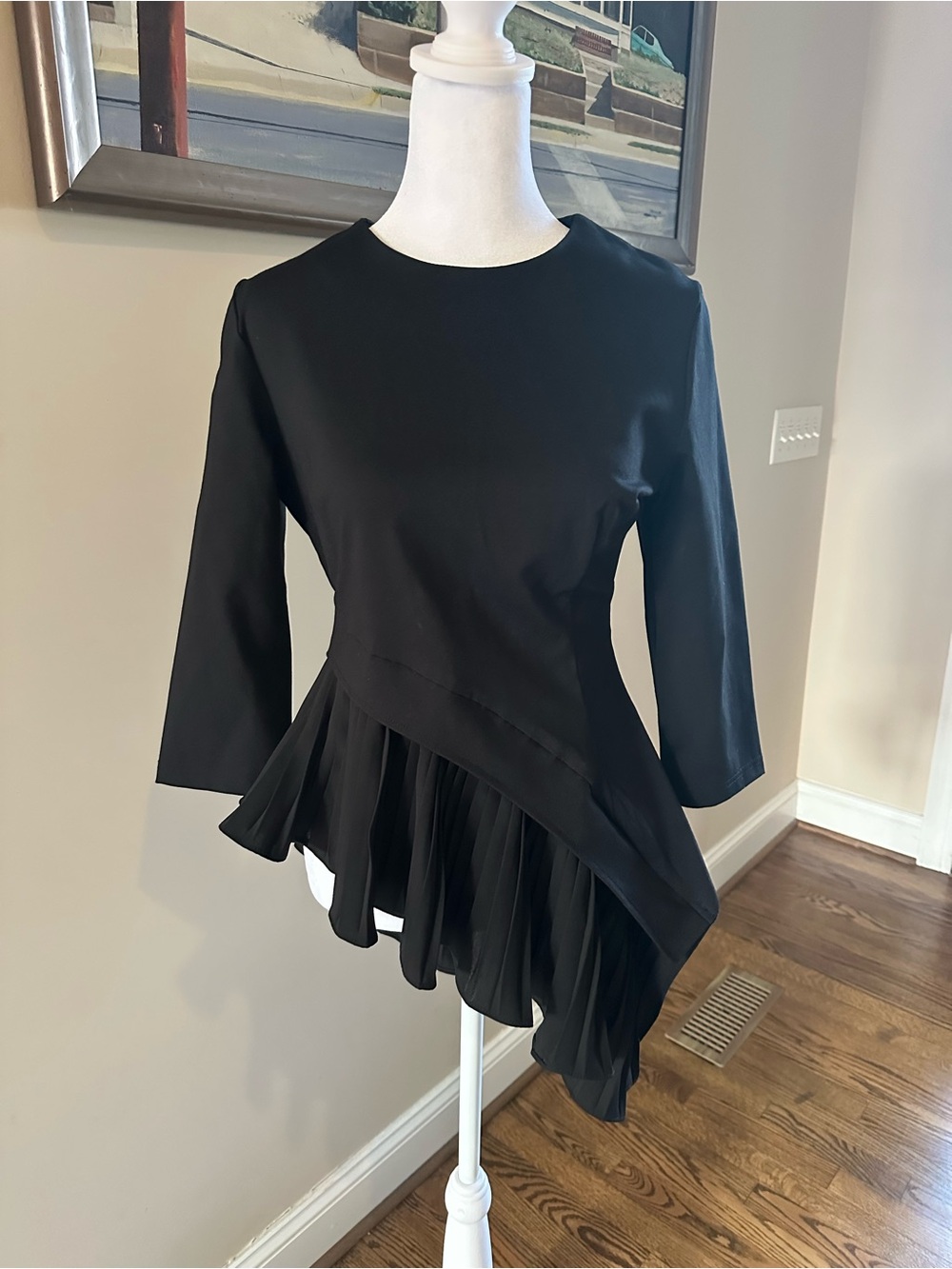 Gracia Black Asymmetrical Pleated Hem Top Sz S NWT